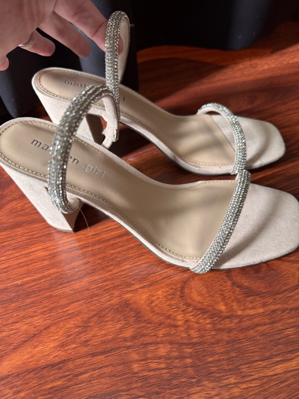 NEW- Madden Girl Taupe Rhinestone Strap Block Heels
